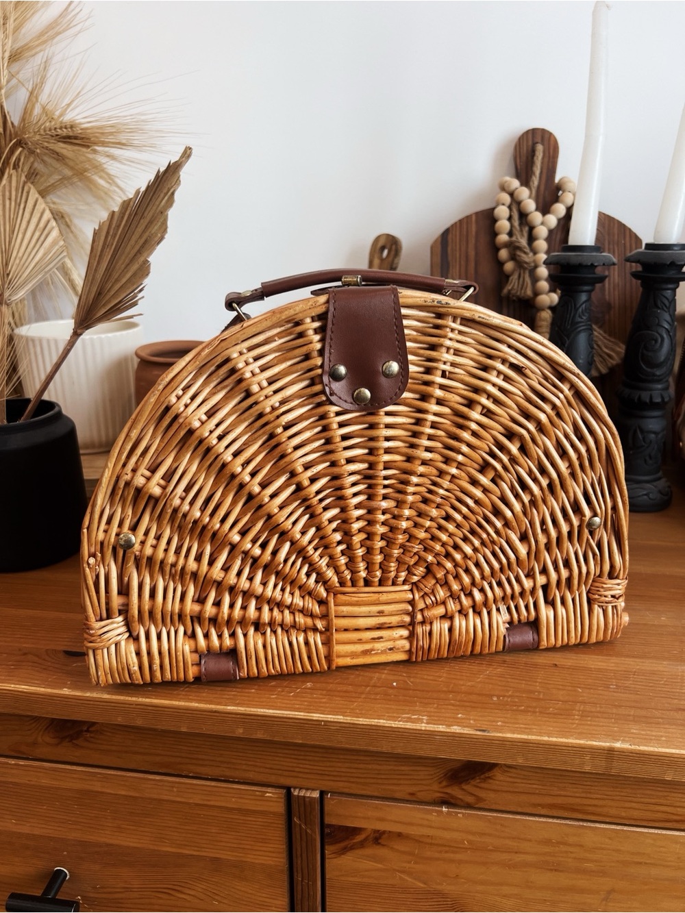 Vintage Woven Rattan Half-Moon Picnic Basket/Handbag with Brown Leather Trim